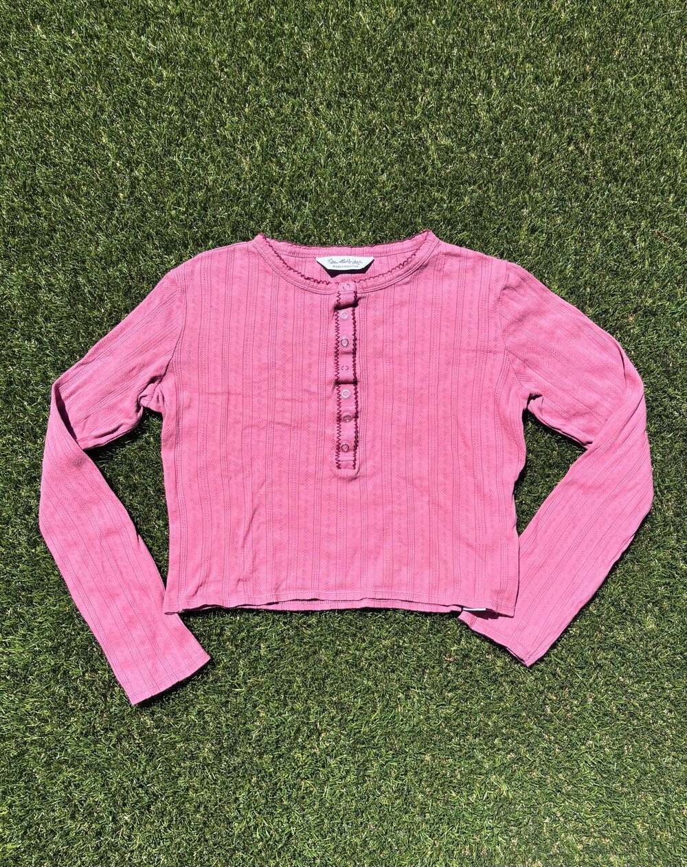 Pink Long Sleeve Henley Top with Pointelle Detailing